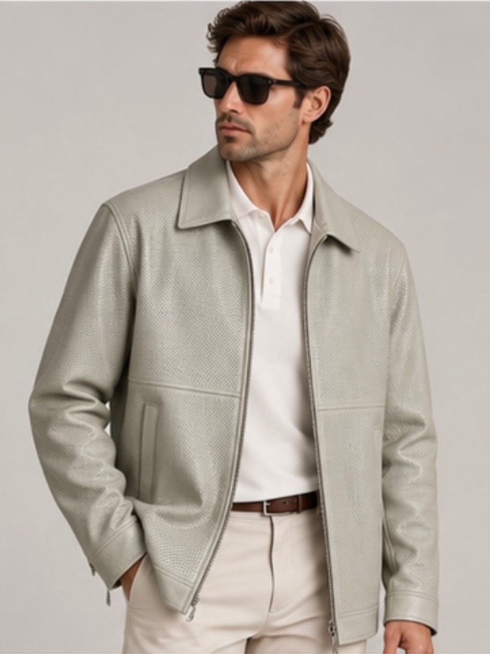 Vintage Tiger Woods TW Golf Perforated Genuine Leather Jacket Men XL Cream Sage